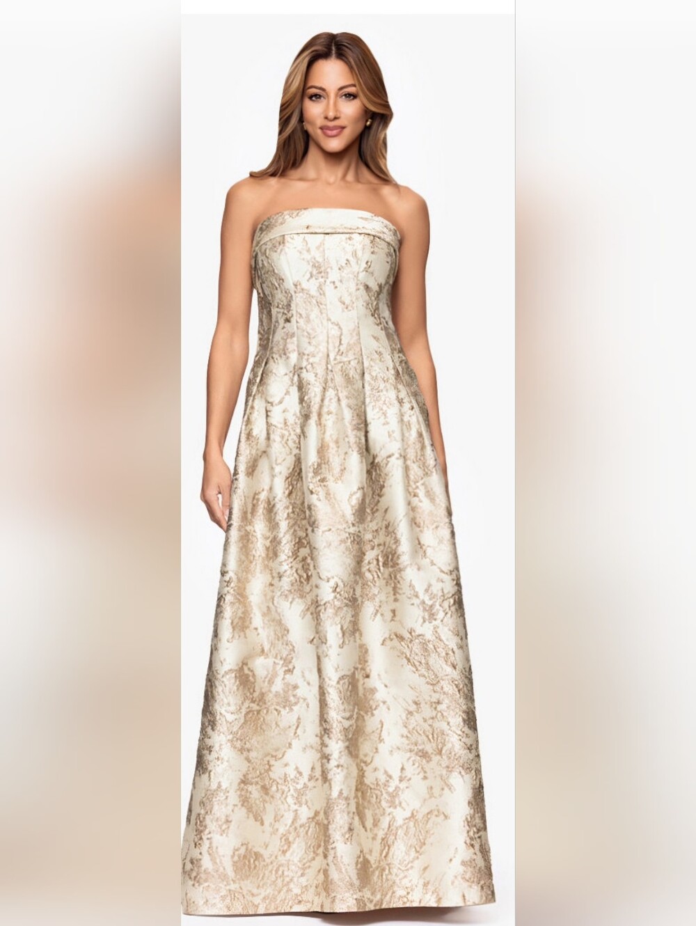 Xscape Strapless Gold and Cream Brocade Gown - Picture 3 of 12